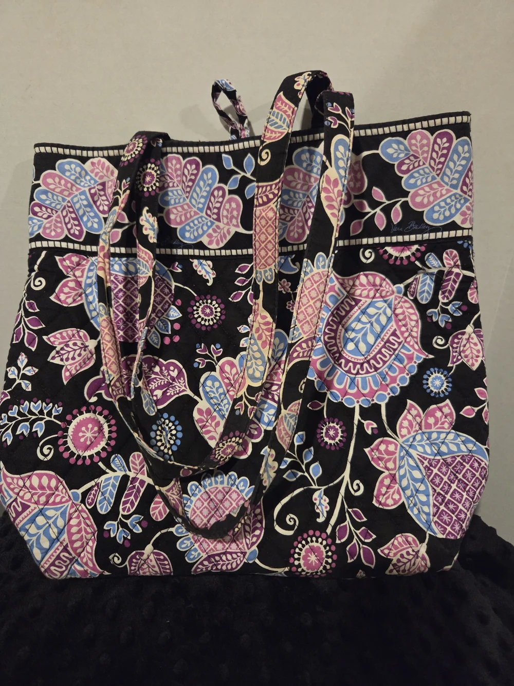 Vera Bradley Black Quilted Floral Tote with Pink & Blue Accents